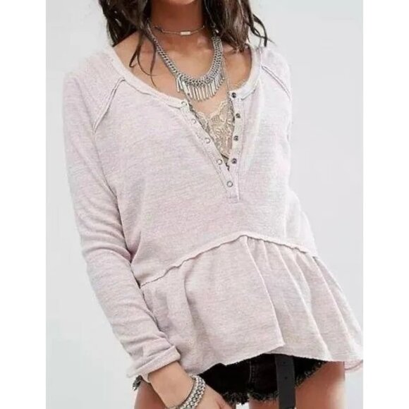Free People Tops - Free People Casual Boho Waffle-Knit Long Sleeve Lavender Ruffled Hem Flowy Top